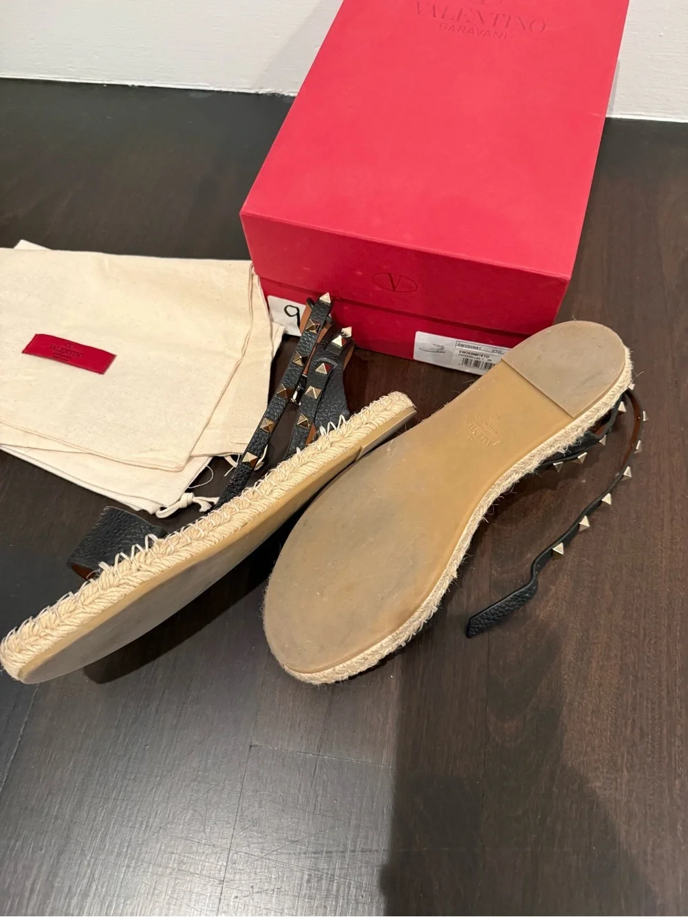 Valentino Black Leather Studded flat Espadrille Sandals